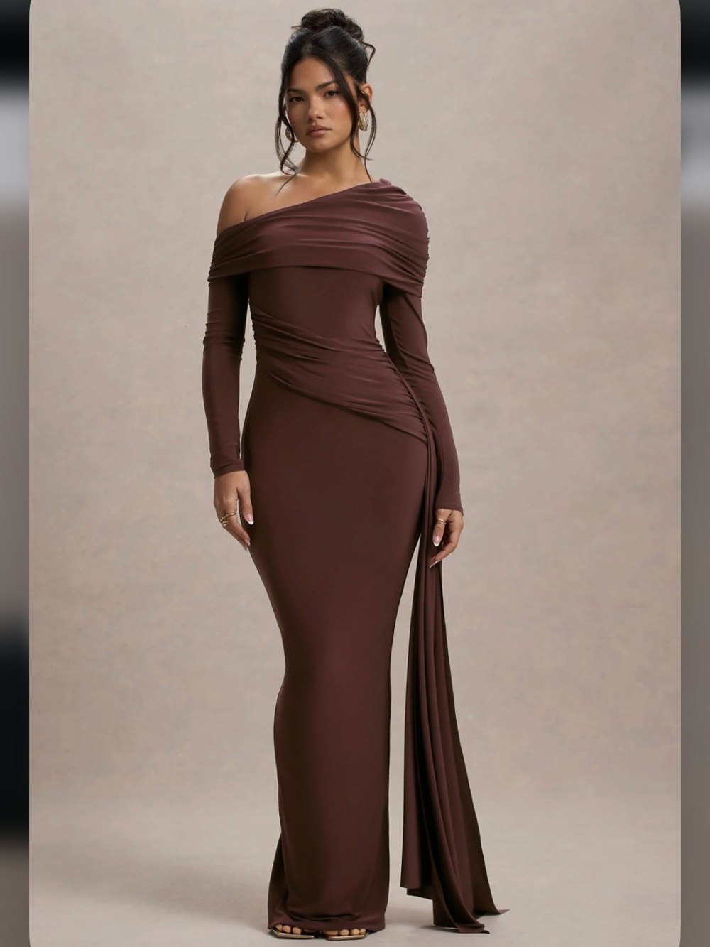 Club L London One-Shoulder Chocolate Brown Draped Gown